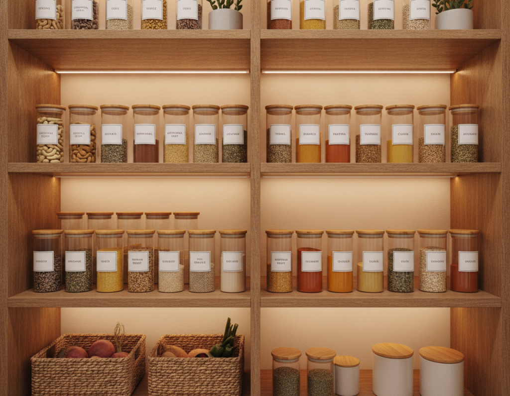 organized pantry shelves with glass jars of vegan ingredients organized pantry shelves with glass jars of vegan ingredients