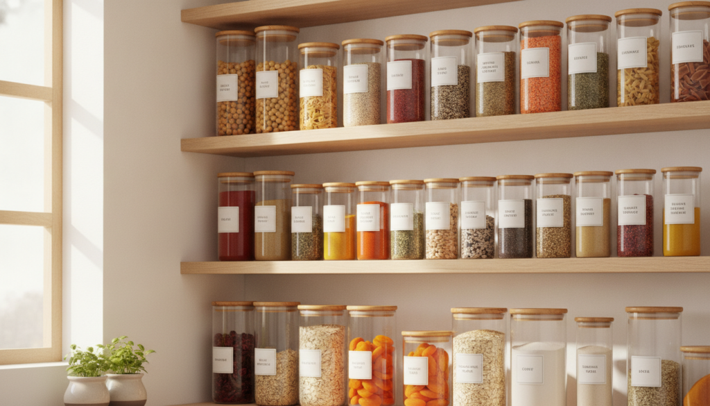 organized pantry with jars of chickpeas, quinoa, spices, and vegan ingredients organized pantry with jars of chickpeas, quinoa, spices, and vegan ingredients