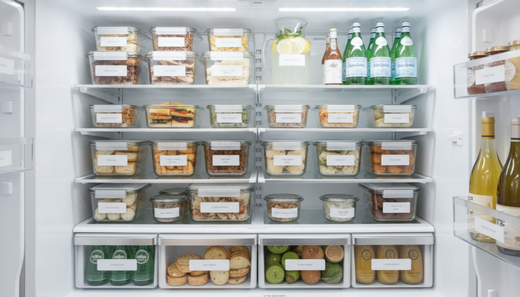 organized refrigerator with labeled containers of party food prep organized refrigerator with labeled containers of party food prep