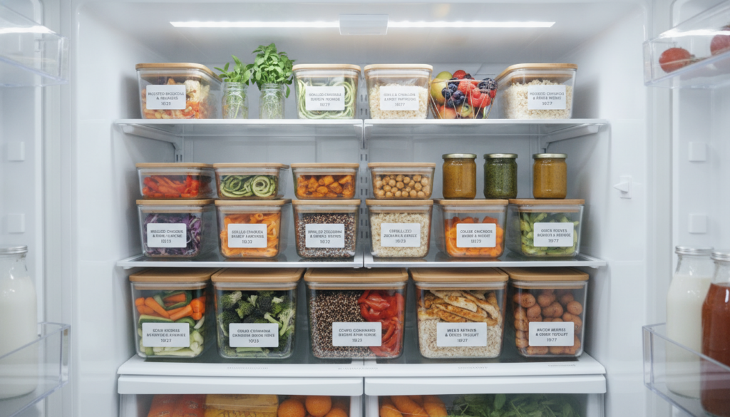 organized refrigerator with labeled glass containers of prepped vegan lunch components