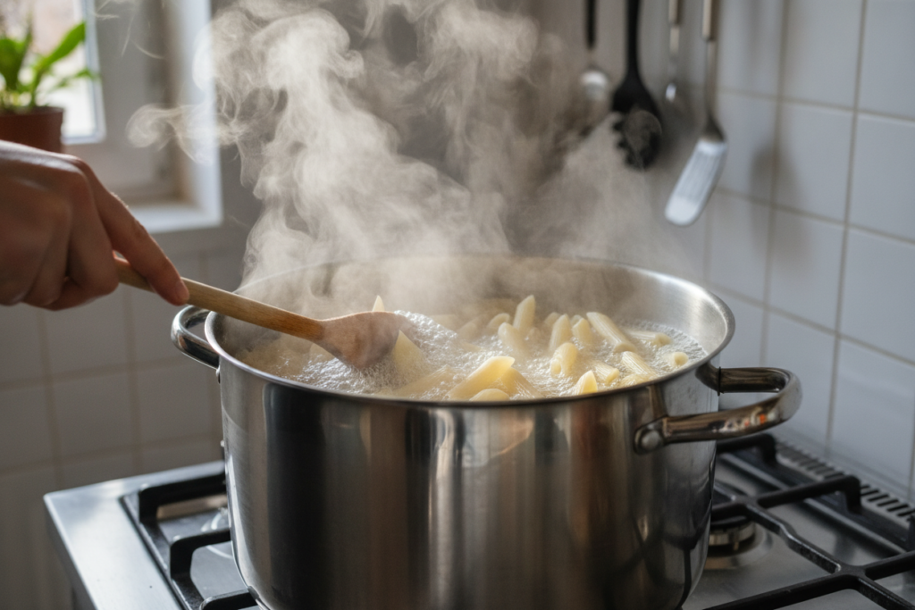 pasta cooking in boiling salted water pasta cooking in boiling salted water