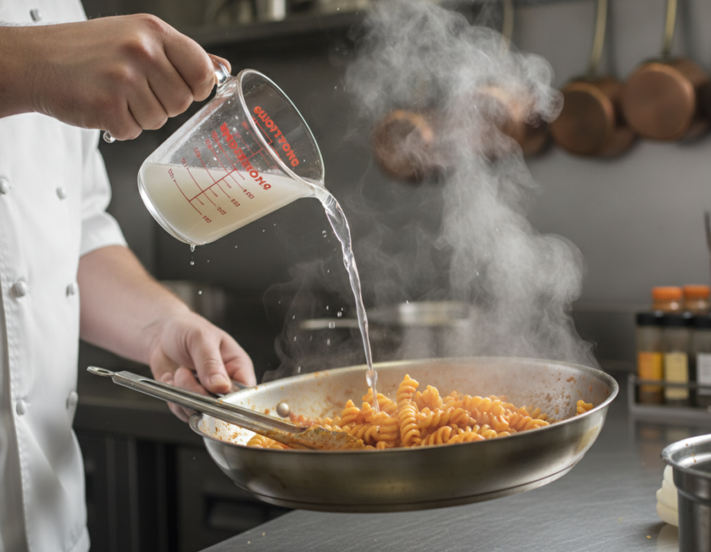 pasta water being added to sauce in pan