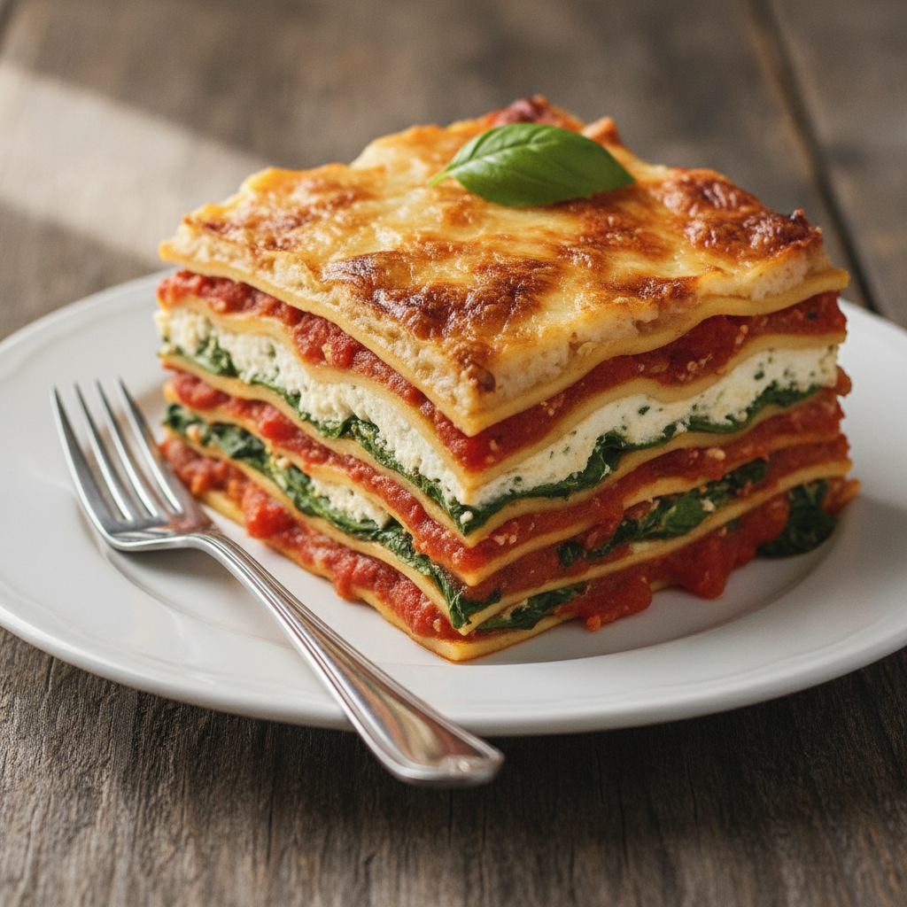 perfect slice of vegan lasagna on white plate perfect slice of vegan lasagna on white plate