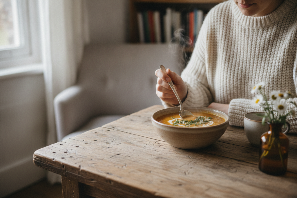 person enjoying a bowl of vegan soup at a cozy table