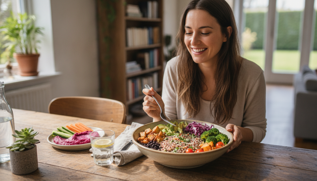 person enjoying a colorful plant-based protein-rich meal person enjoying a colorful plant-based protein-rich meal