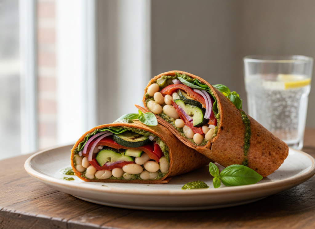 pesto white bean wrap with roasted vegetables