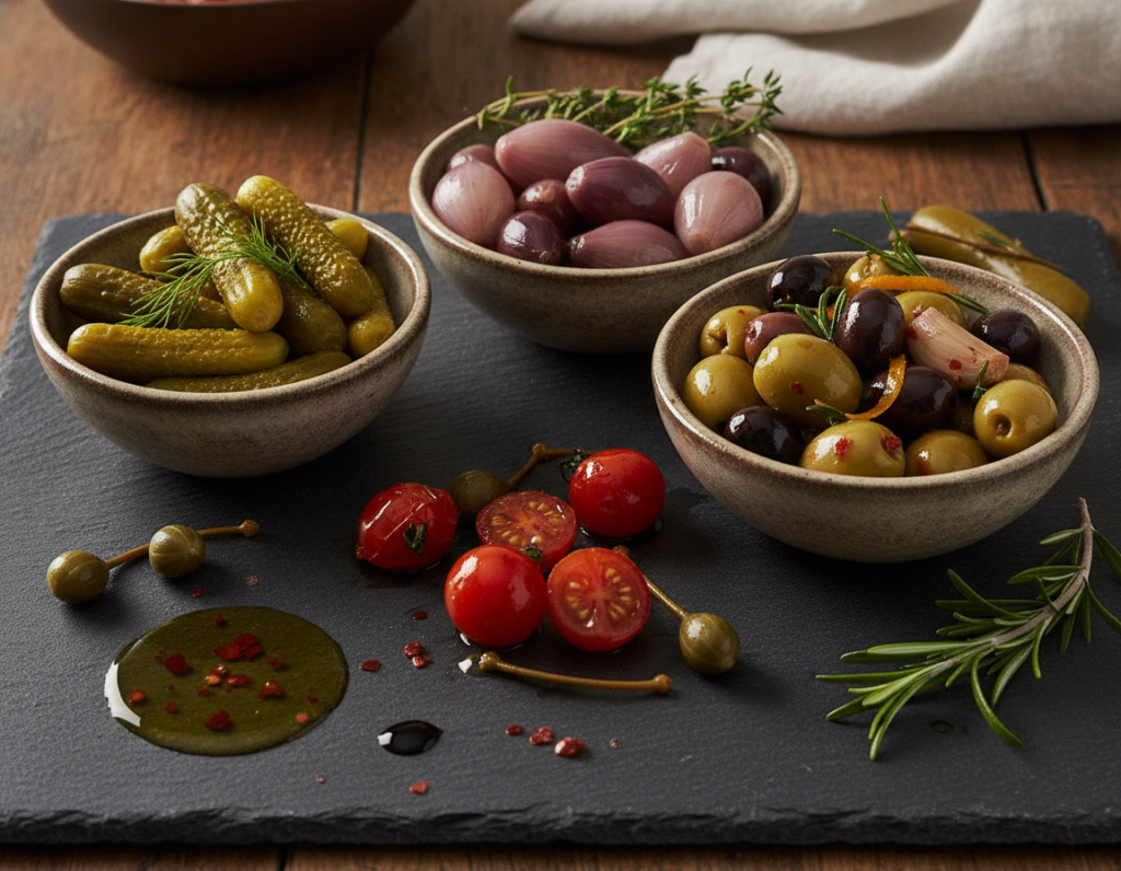 pickled vegetables and olives in bowls pickled vegetables and olives in bowls