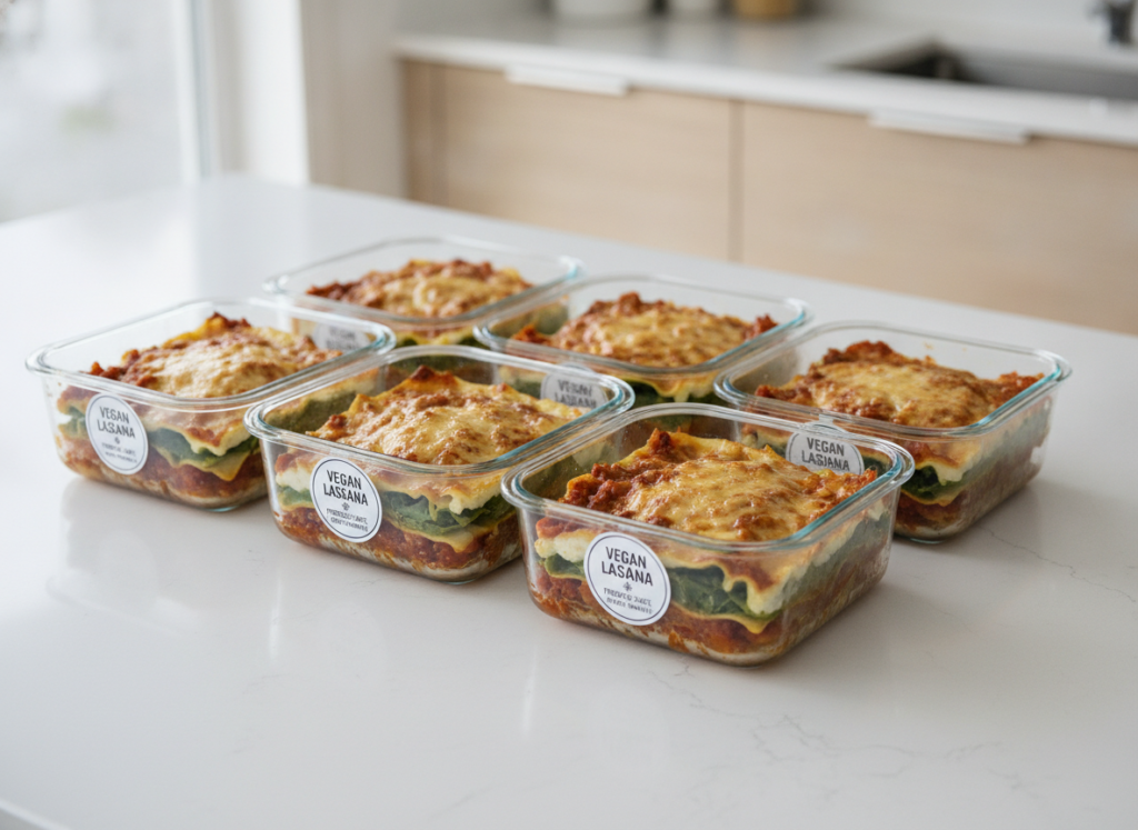 portioned vegan lasagna in freezer-safe containers portioned vegan lasagna in freezer-safe containers