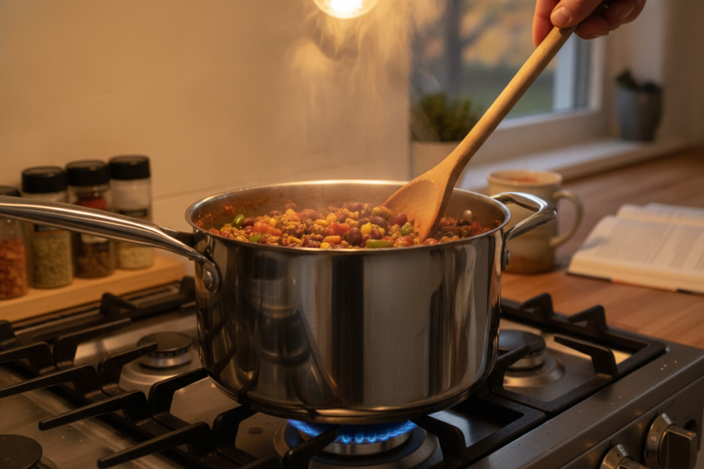 pot of chili reheating on stovetop with steam rising