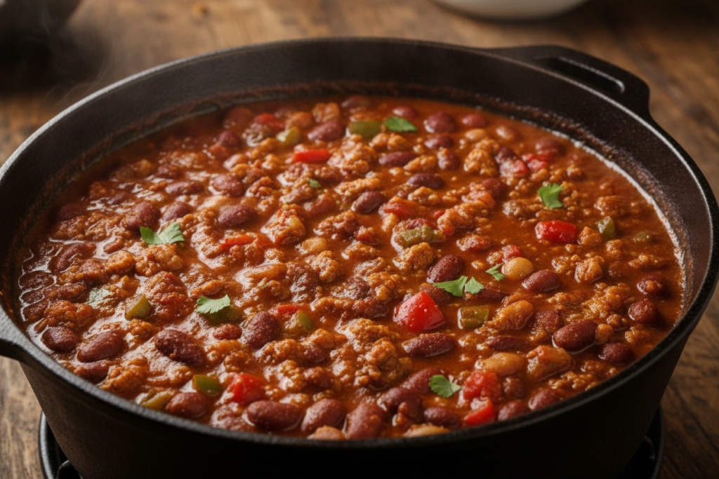 pot of thick simmering vegan chili with visible beans and vegetables