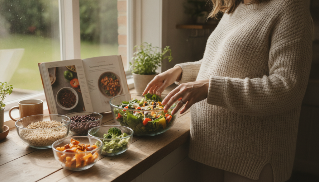 pregnant woman preparing healthy plant-based protein meal pregnant woman preparing healthy plant-based protein meal