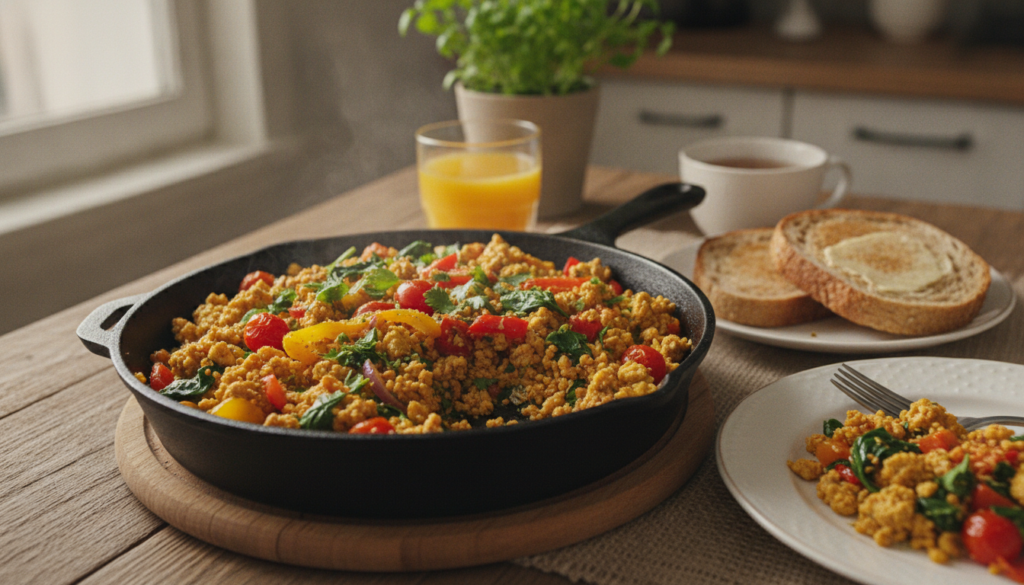quick tofu scramble breakfast with vegetables and toast quick tofu scramble breakfast with vegetables and toast