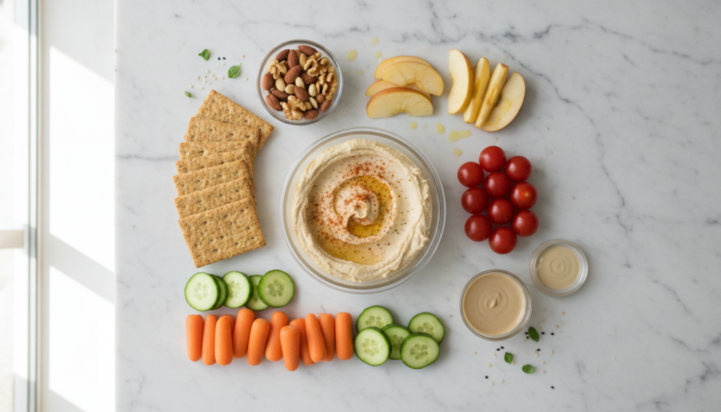 quick vegan lunch components laid out for fast assembly including hummus vegetables crackers