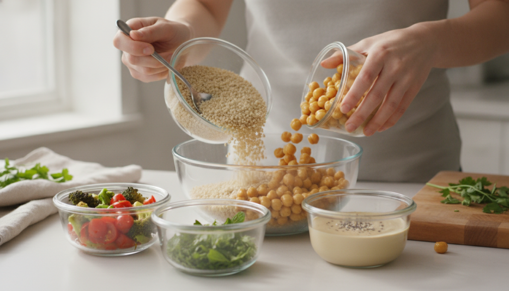 quick vegan protein bowl being assembled with various ingredients