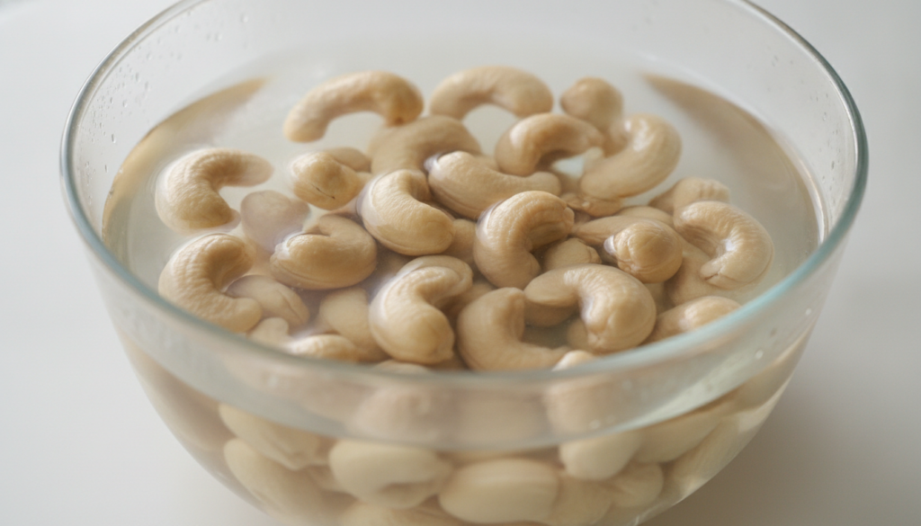 raw cashews soaking in bowl of water for vegan alfredo sauce preparation raw cashews soaking in bowl of water for vegan alfredo sauce preparation