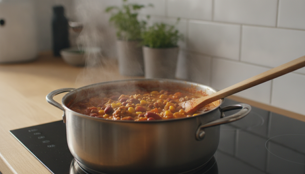 reheating vegan chili in pot on stovetop