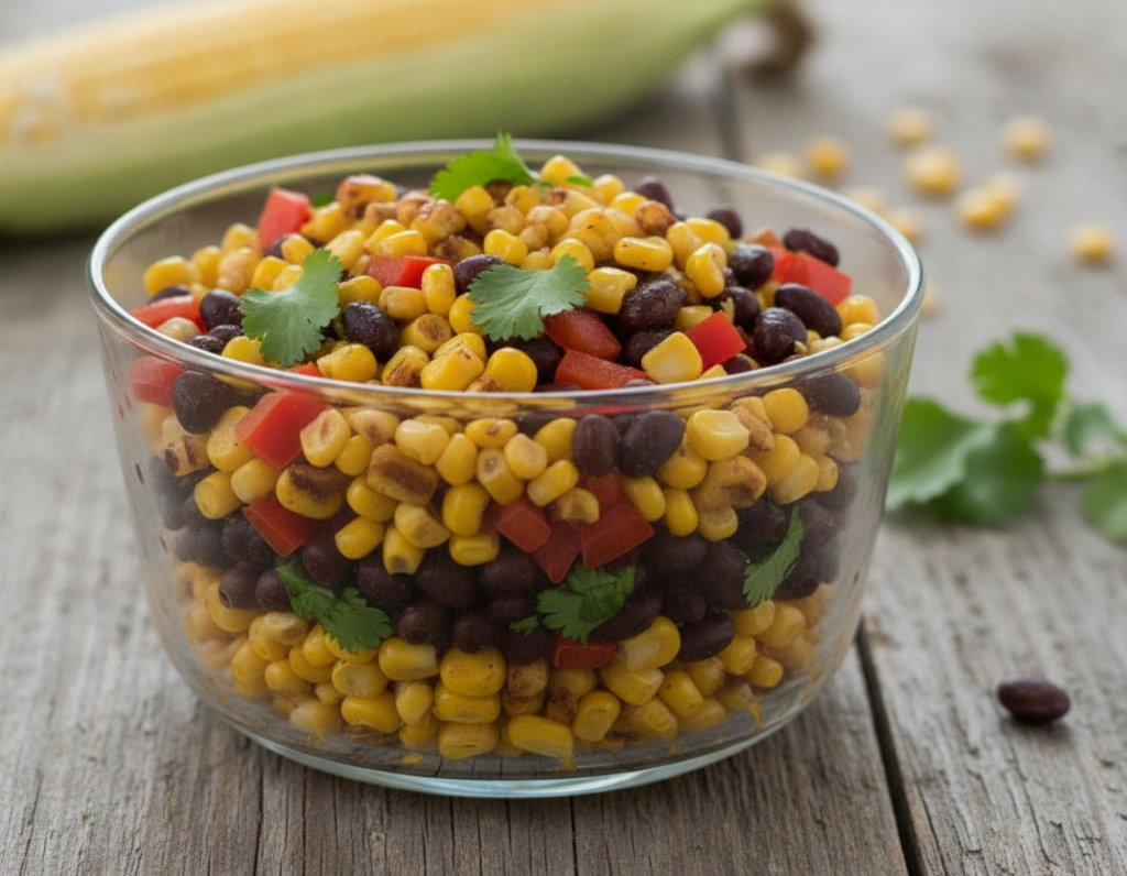 roasted corn and black bean salsa in glass bowl roasted corn and black bean salsa in glass bowl