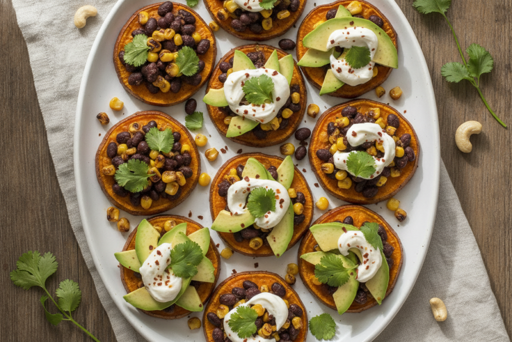 roasted sweet potato rounds with various toppings roasted sweet potato rounds with various toppings