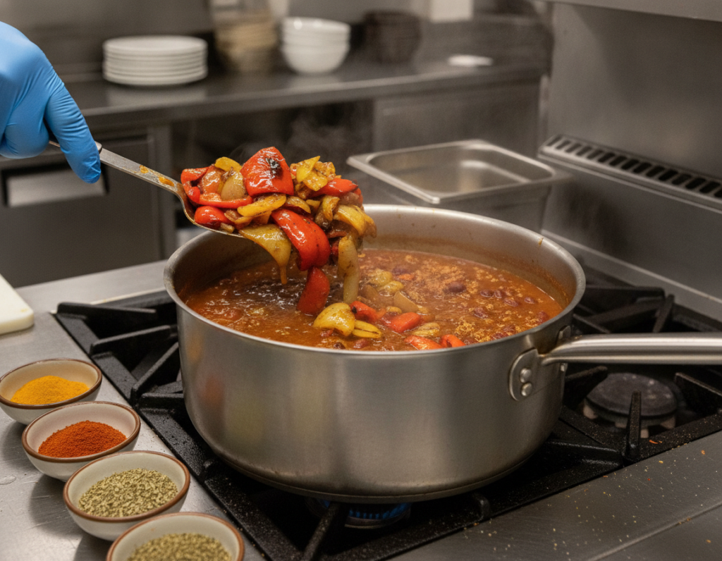 roasted vegetables being added to vegan chili