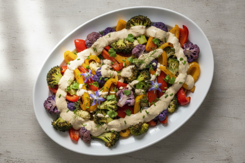 roasted vegetables topped with vegan alfredo sauce on serving platter roasted vegetables topped with vegan alfredo sauce on serving platter