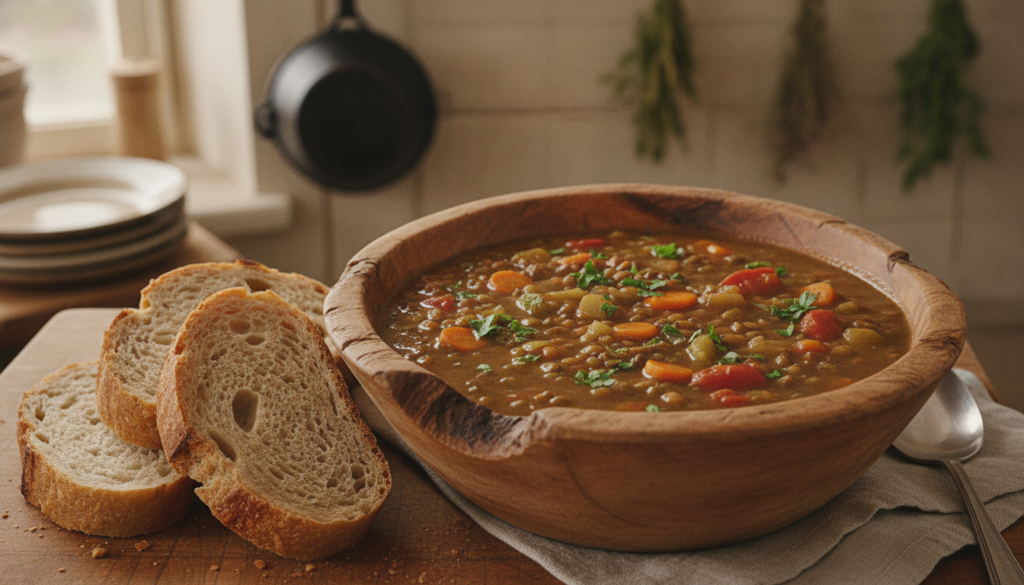 rustic bowl of lentil soup with vegetables and crusty bread