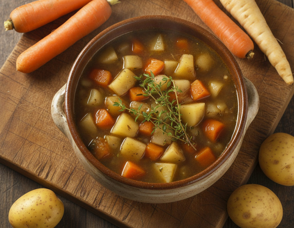 rustic root vegetable soup with chunks of carrots and parsnips