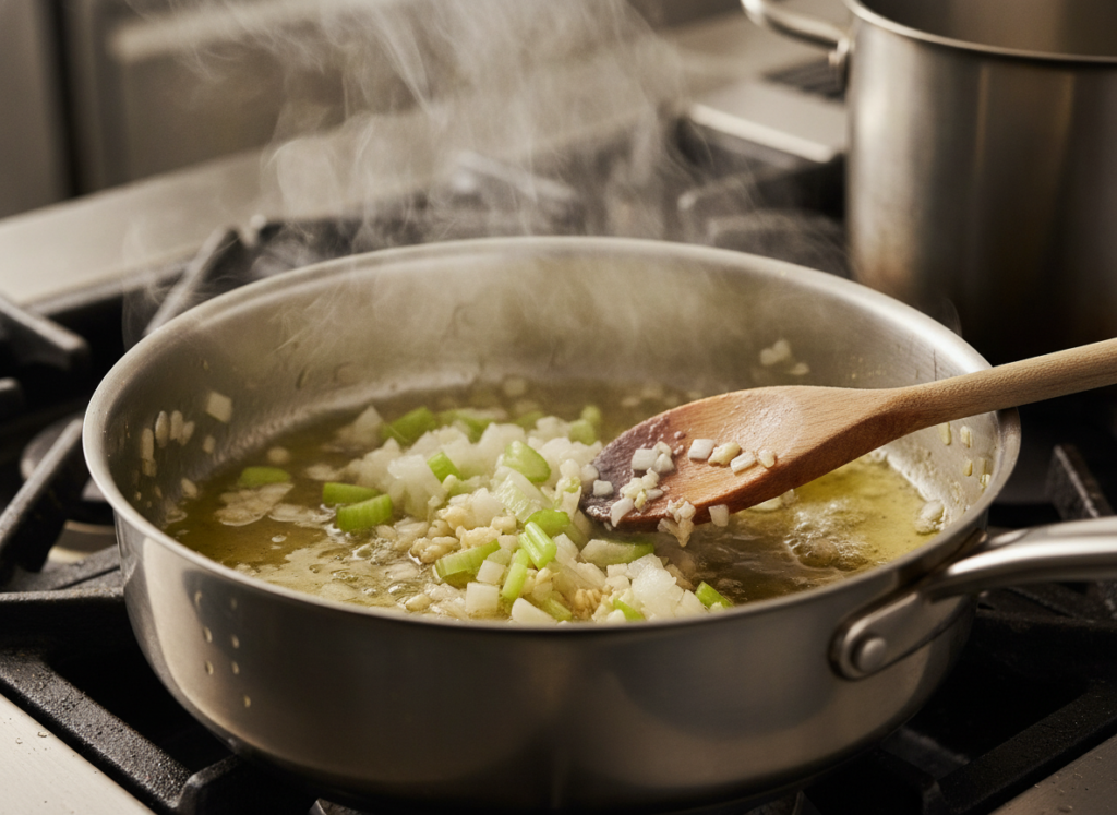 sauteed aromatics in pot for vegan soup base