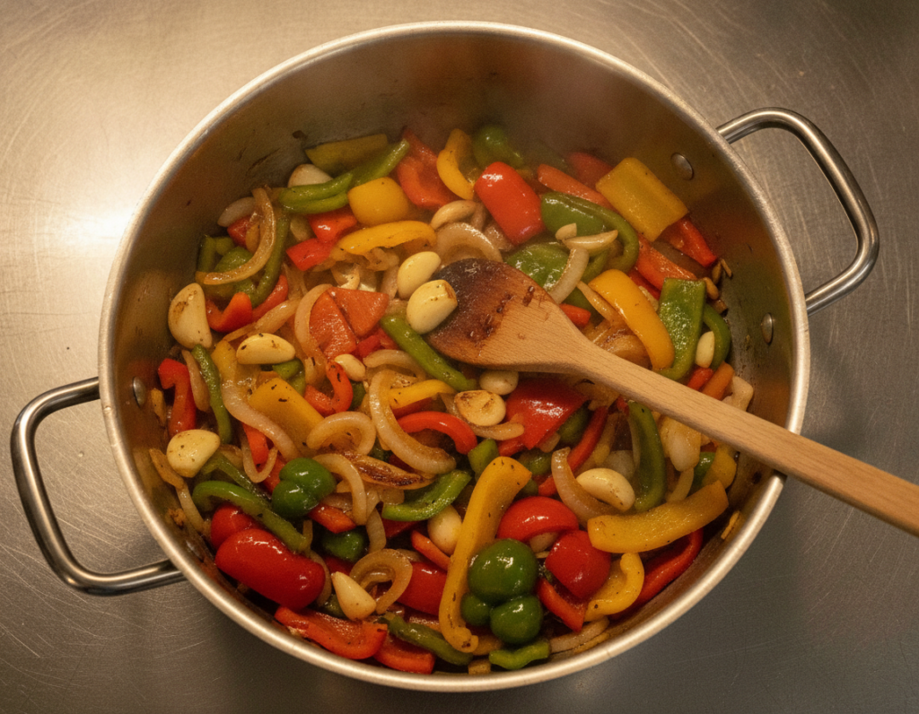 sautéing onions peppers and garlic in large pot for vegan chili base