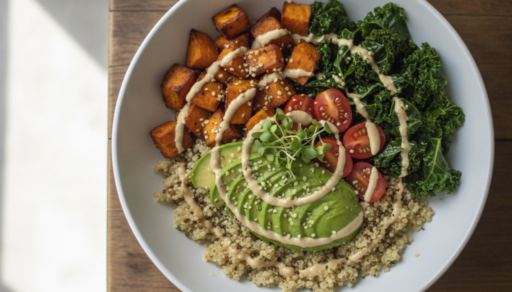 savory quinoa breakfast bowl with roasted vegetables and avocado