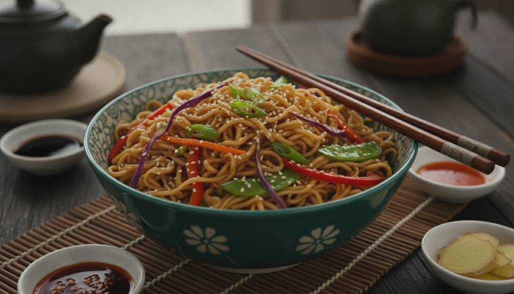 sesame ginger noodles in bowl with chopsticks