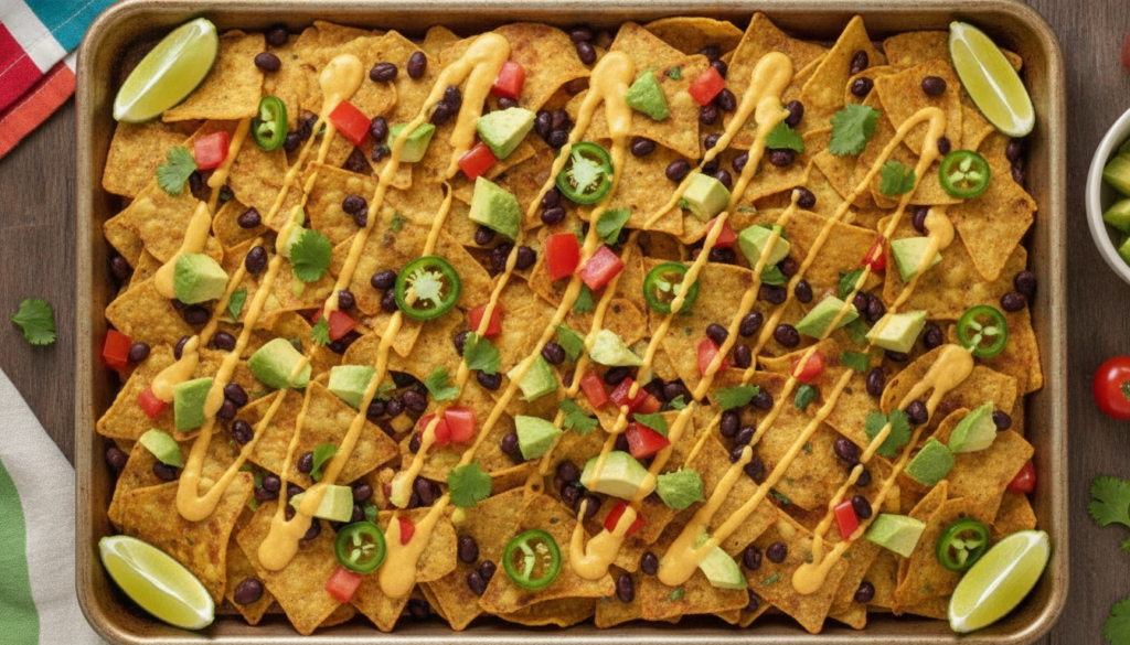 sheet pan of fully loaded vegan nachos with colorful toppings sheet pan of fully loaded vegan nachos with colorful toppings