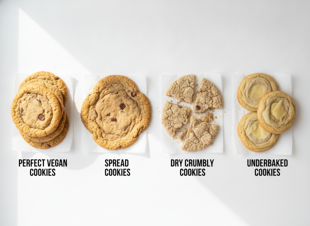 side by side comparison showing perfect vegan cookies versus common baking mistakes