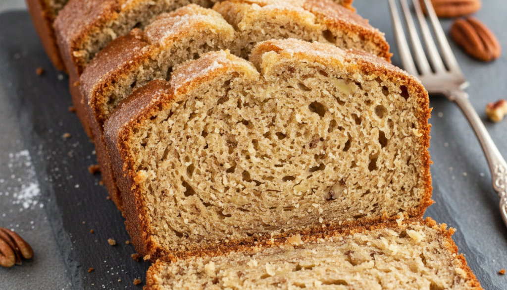 sliced keto banana bread showing moist interior texture