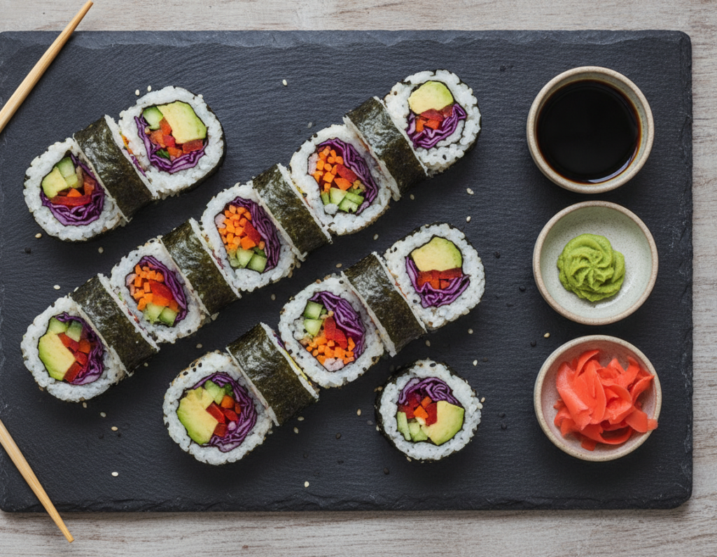 sliced nori rolls arranged on black slate with condiments sliced nori rolls arranged on black slate with condiments