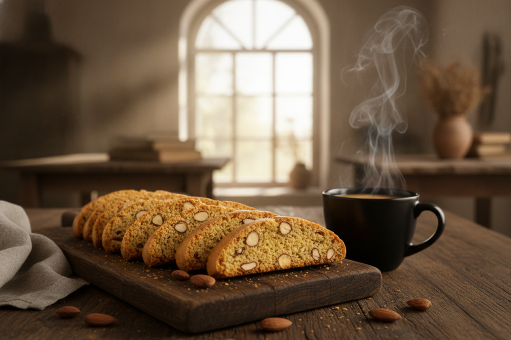sliced vegan biscotti with almonds arranged on rustic board next to coffee cup