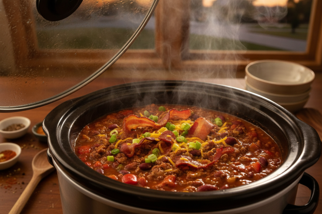 slow cooker keto chili with bacon