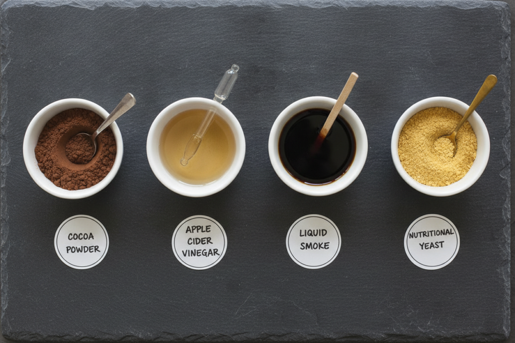 small bowls of flavor-enhancing ingredients like cocoa powder and vinegar