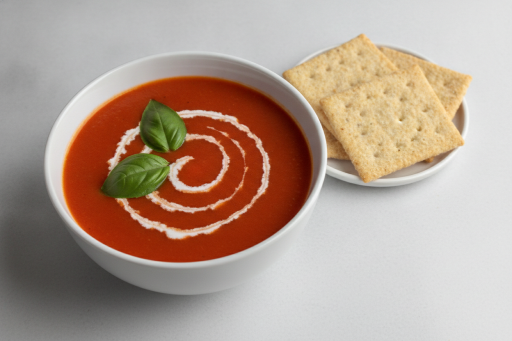 smooth tomato soup with basil garnish and crackers