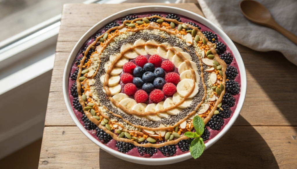smoothie bowl topped with various protein-rich seeds and nuts