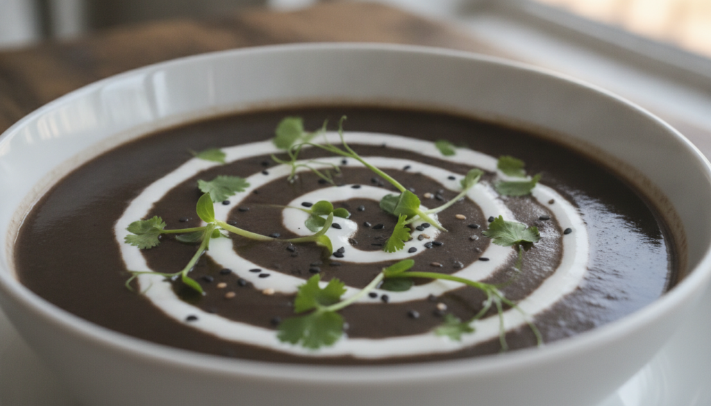 soup with artistic cream swirl garnish on top