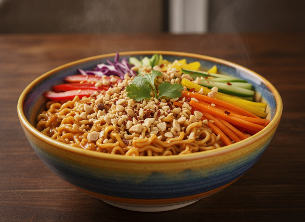 spicy peanut noodles with vegetables and peanuts