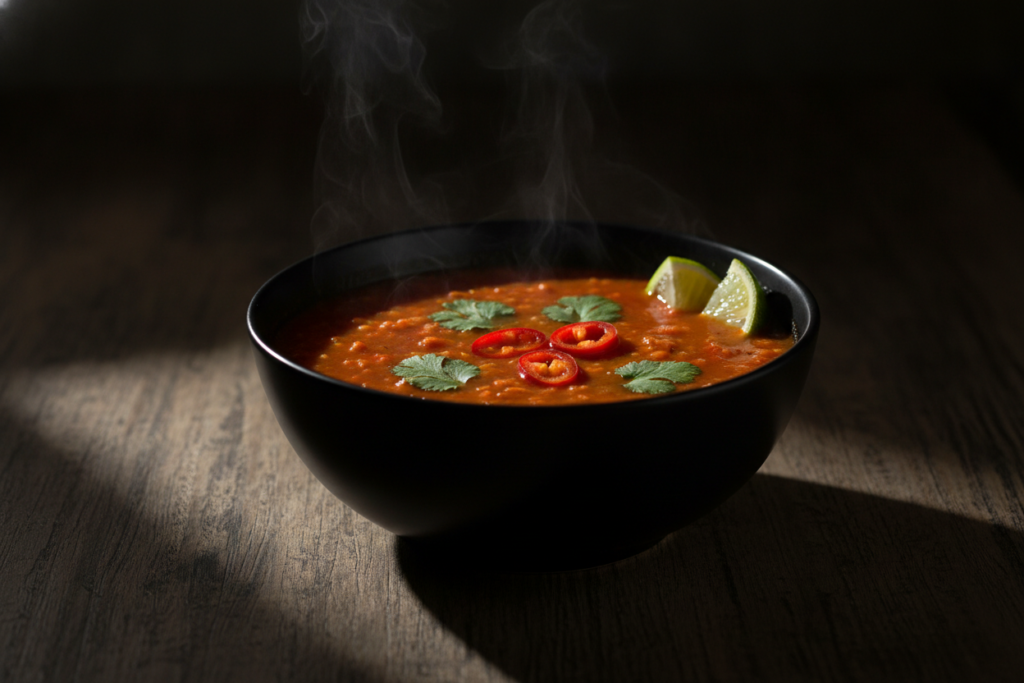 spicy soup with red chili peppers and cilantro
