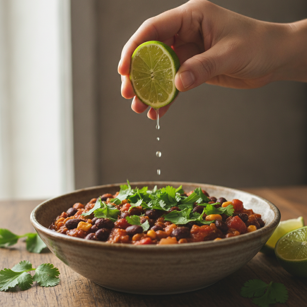 squeezing fresh lime juice into bowl of vegan chili
