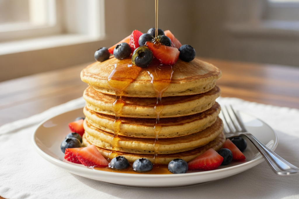 stack of fluffy vegan protein pancakes with maple syrup