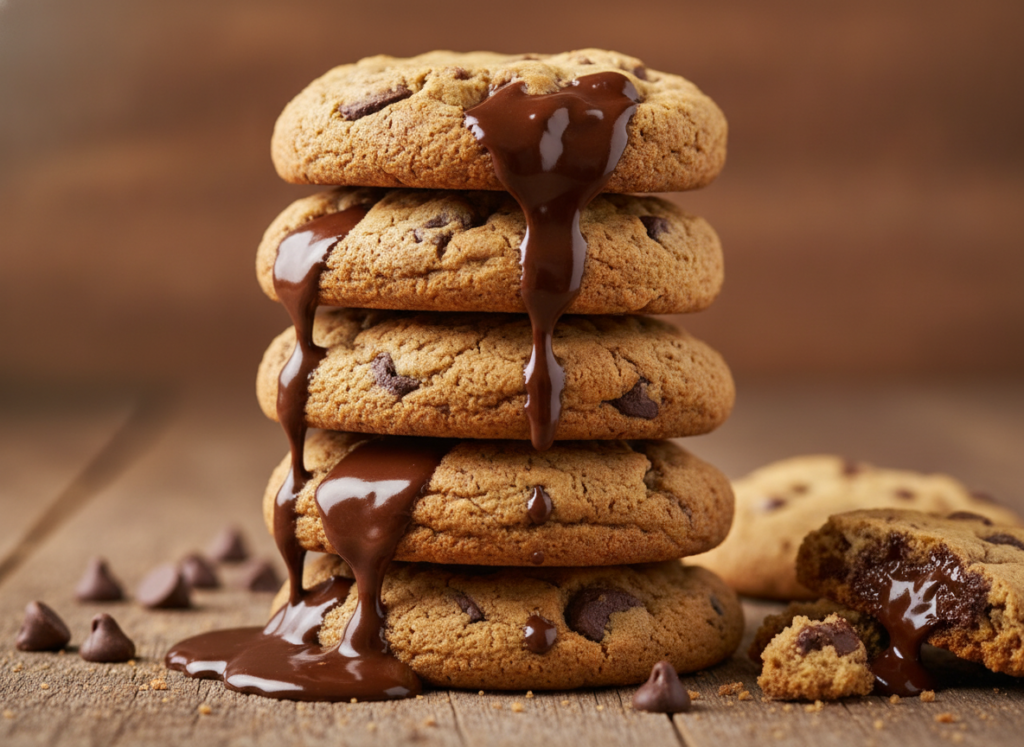 stack of vegan chocolate chip cookies with melty chocolate chunks visible