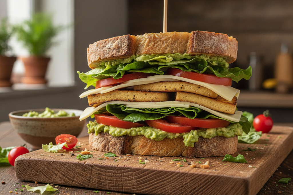 stacked vegan sandwich with multiple layers stacked vegan sandwich with multiple layers