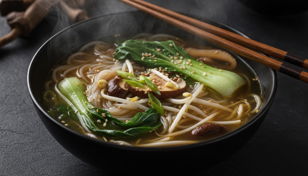 steaming bowl of asian noodle soup with vegetables