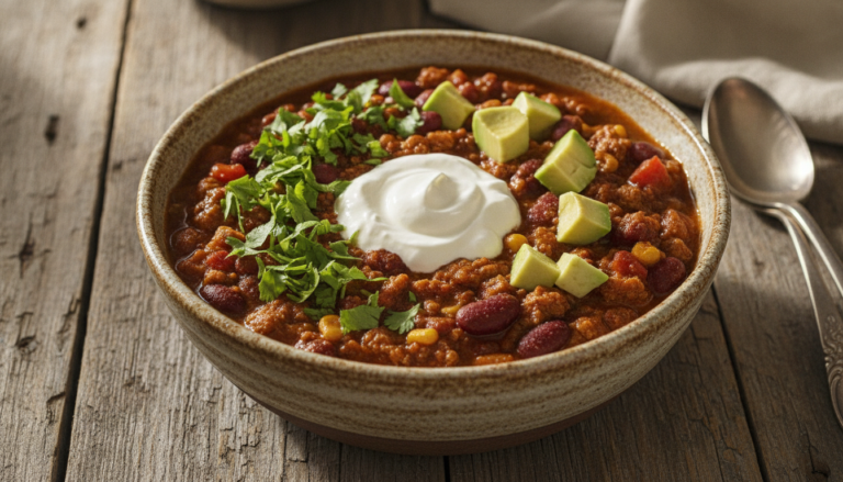 steaming bowl of vegan chili topped with fresh cilantro and avocado slices