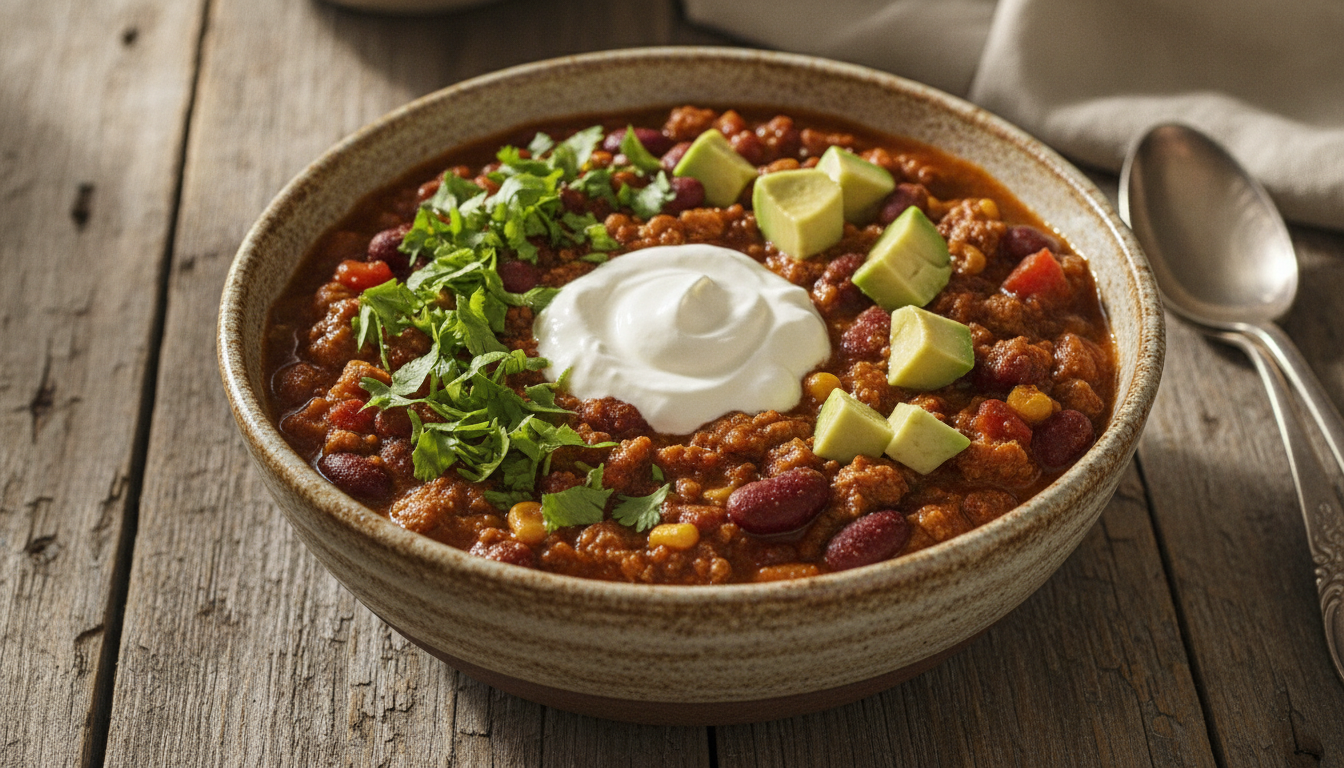 steaming bowl of vegan chili topped with fresh cilantro and avocado slices