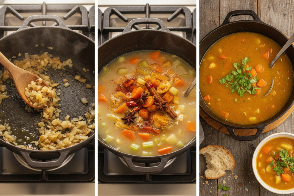 step by step soup making process showing flavor building